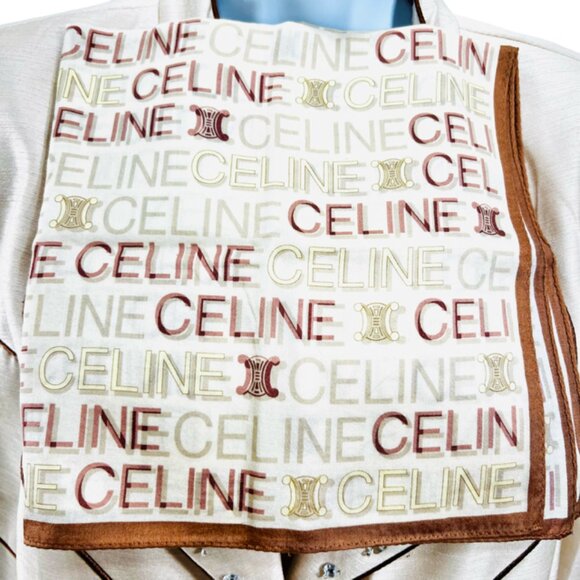 Unused Celine Paris Mini Scarf/Handkerchief Cotton 19" Beige Brown Logo (63 - Picture 1 of 6